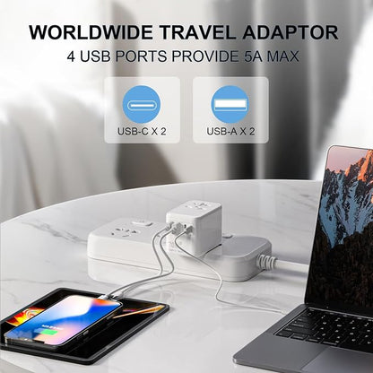 oviitech Universal Travel Adapter, International Power Adapter with 2 USB-C and 2 USB-A Ports, 70W Worldwide Travel Wall Charger for UK,Europe,USA,Australia.White.