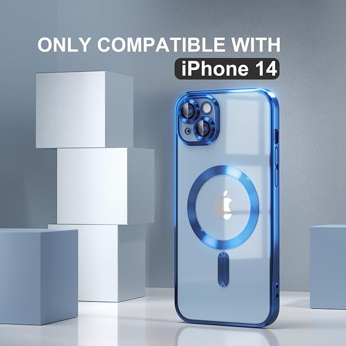 Misea Magnetic for iPhone 14 Case Compatible with MagSafe [Never Yellowing] [Military Grade Drop Protection] Full Camera Lens Protector Plating Soft Clear Phone Case for Women Girls, Blue