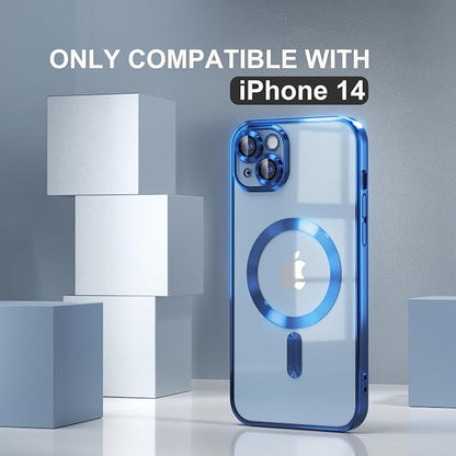 Misea Magnetic for iPhone 14 Case Compatible with MagSafe [Never Yellowing] [Military Grade Drop Protection] Full Camera Lens Protector Plating Soft Clear Phone Case for Women Girls, Blue