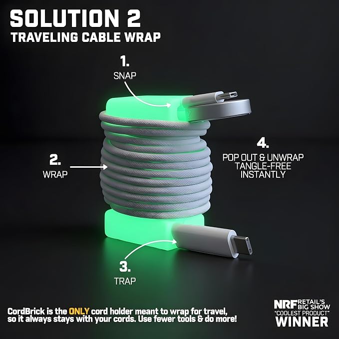 CordBrick 4PK Glowing Silicone + Steel Weighted Cable Holders for Nighstands, Cord Wraps for Travel, Unique iPhone Accessories. Small Graduation Gift for High Schoolers. Gadget for Teens. Orange Glow