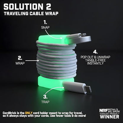 CordBrick 2PK Glowing Silicone + Steel Weighted Cable Holders for Nighstands, Cord Wraps for Travel, Unique iPhone Accessories. Small Graduation Gift for High Schoolers. Gadget for Teens. Orange Glow