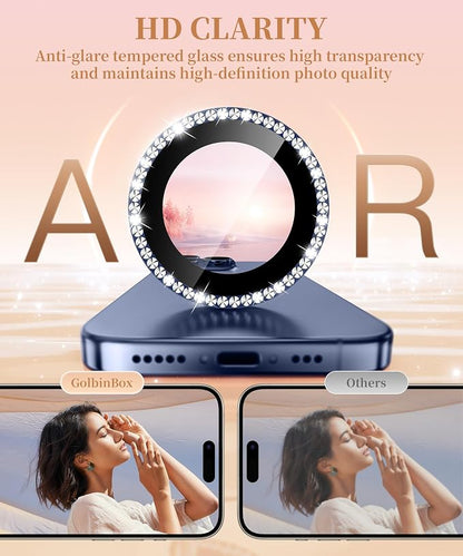 GolbinBox Camera Lens Protector for iPhone 15 Pro/15 Pro Max, 1:1 Invisible Fit, 9H Tempered Glass Ultra HD Metal Individual Camera Cover for Women, Case Friendly, Bling/Deep Blue