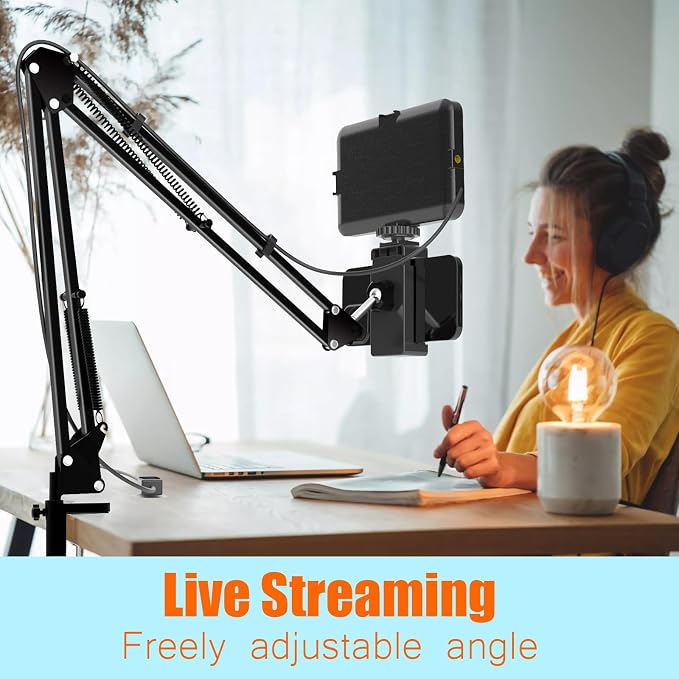 LED Selfie Light with Overhead Phone Mount，USB Powered Video Lighting Kit with Adjustable Arm Stand and 360° Phone Holder, Studio Lighting for Live Streaming, YouTube Videos, Cooking, Drawing