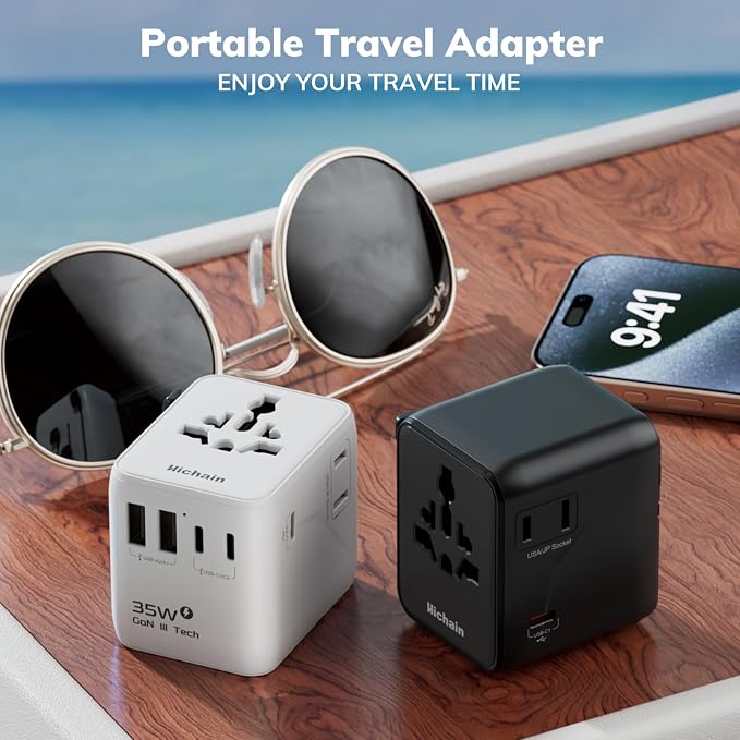 Hichain 35W Universal Travel Adapter, 7-in-1 International Power Adapter | Fast Charging Adapter for Europe Plug Universal Power Block, GaN Travel Adapter Worldwide Portable Plug for EU, UK, US, AUS