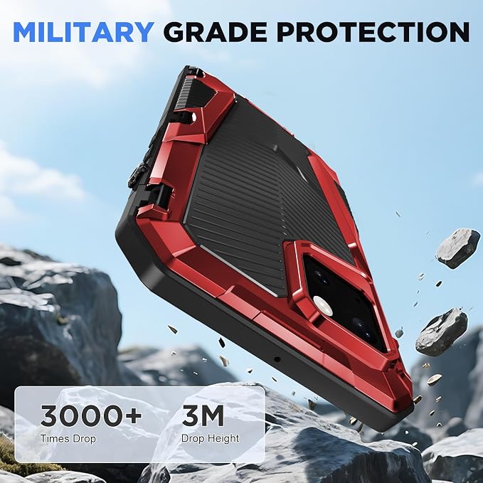 Beasyjoy for iPhone 14 Waterproof Case, Metal Heavy Duty Case with Built-in Tempered Glass Screen Protector, Military Grade Shockproof Full Body Protection, Rugged Phone Case for iPhone 14, Red
