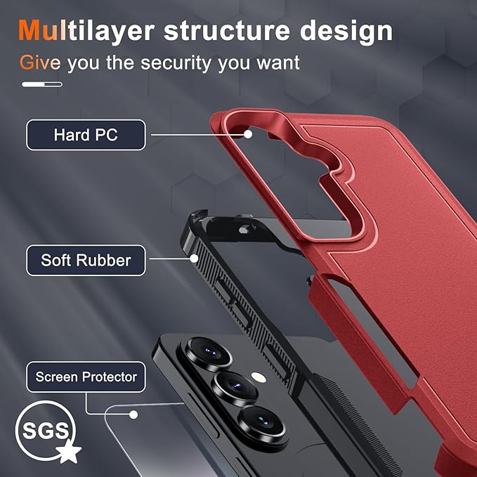 for Samsung Galaxy S26+ Plus Case with Screen Protector+Camera Lens Cover,Military Grade Heavy Duty Shockproof Phone Cover with Wrist Lanyard Strap for Samsung S26Plus,Red