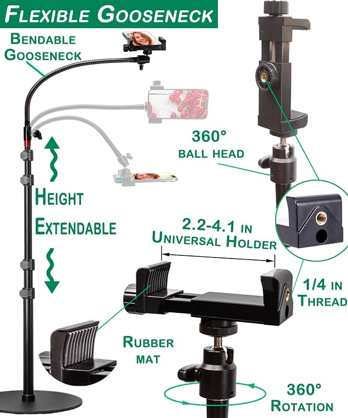 Tall Video Cell Phone Mount with Height Adjustable Stand, Heavy Base, 360 Head - Compatible with iPhone 16, 16 Pro Max, 16 Plus, 15, 14, 13