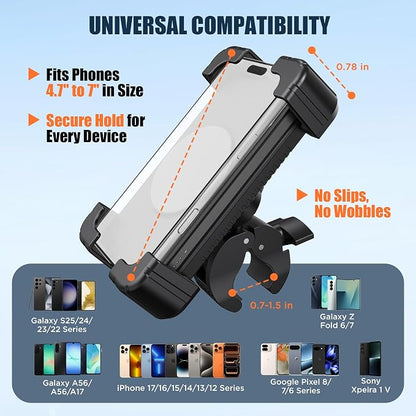 Phone Holder Bike Mount with Detachable Power Bank 5000 mAh– Fast Magnetic Wireless Charging for Strollers, Motorcycles, Gym Equipment, and More – Stable, Secure Design, Water-Resistant