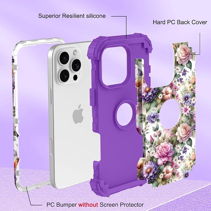 Hocase for iPhone 16 Pro Max Case, Heavy Duty Shockproof Protection Soft Silicone Rubber+Hard Plastic Bumpers Hybrid Protective Case for iPhone 16 Pro Max 2024 - Purple Pink Flowers