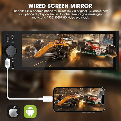 Single Din CarPlay Stereo Receiver: 6.5 Inch Android Auto Touchscreen - Bluetooth MirrorLink IPS Display AM FM Radio Type-C Charge USB AUX-in HD Backup Camera Input Audio Output