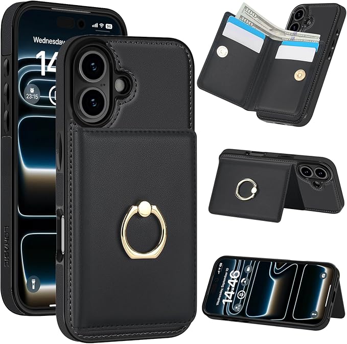 LOHASIC for iPhone 17 Case Wallet with Card Holder, 360° Rotation Ring, RFID Blocking, 5 Card Slots, PU Leather 6.3" Cover for Apple 17 Men Women, Black
