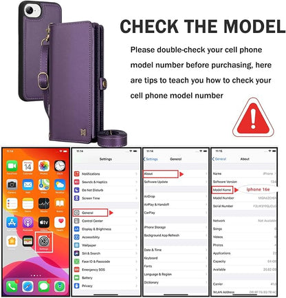 for Wallet Case Compatible with iPhone 16e / 17e ,Multi-Function Detachable 2 in 1 Magnetic iPhone 16e / 17e Case Wallet,Flip Strap Zipper Card Holder Phone Case with Shoulder Straps (Pruple)