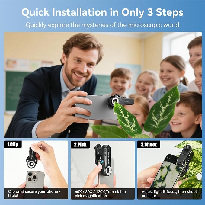 Evil Eye 40X-80X-120X Phone Microscope, Digital Microscope with CPL Filter, 16 LED, 8 UV LED, Wheel Design, Portable Microscope with Universal Clip, Ideal for iPhone 17/16/15/14/13, Samsung & Android