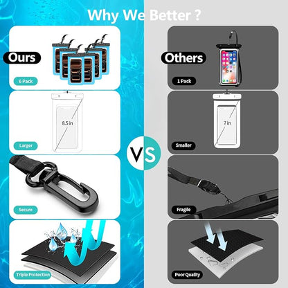 6 Pack 8.5“ Waterproof Cell Phone Pouch - Underwater Dry Bag Case Lanyard - Water Proof Clear Holder Protector for iPhone 17 16 15 Pro Max Plus Samsung Galaxy S25 S24 Ultra Note for Beach Swimming