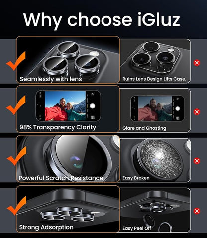 iGluz 2 Pack Anti-Reflection Camera Lens Protector for iPhone 16 Pro/iPhone 16 Pro Max [98% Transmittance][1-Step Installation Tray][Strong Adsorption] 9H Shatterproof Tempered Glass-Black Titanium