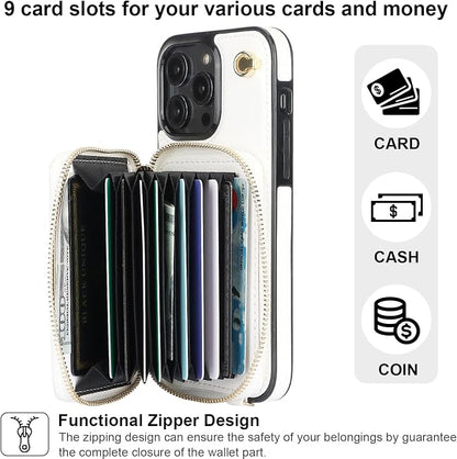 Bocasal Crossbody Wallet Case for iPhone 14 Pro Max, RFID Blocking Leather Purse Case with Card Holder, Protective Handbag Flip Cover with Zipper Wrist Strap Lanyard for Women 5G 6.7 Inch (White)