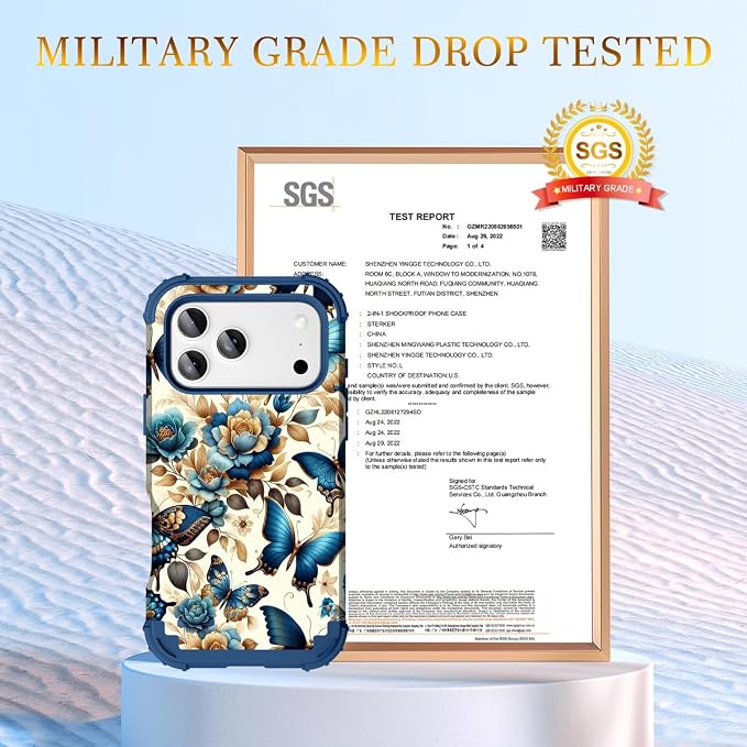Hocase for iPhone 17 Pro Case 6.3", Heavy Duty Shockproof Protection Soft Silicone Rubber+Hard Plastic Bumpers Hybrid Protective Case for iPhone 17 Pro 2025 - Blue Butterflies