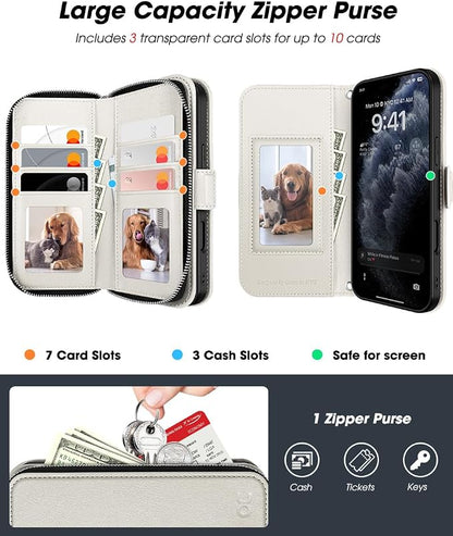 OCASE for iPhone 17 Pro Crossbody Wallet Case - Stylish PU Leather Handbag Phone Purse with Zipper Closure, Card Slots & RFID Blocking - Wrist Strap, Lanyard, Kickstand - Cream