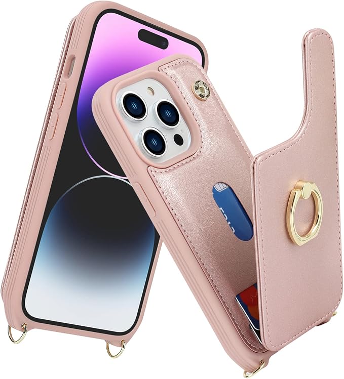 Lipvina for iPhone 14 Pro Case with Card Holder for Women,Phone Case with Strap,Crossbody Lanyard,RFID Blocking,Ring Stand,Snap Clasp,Cute Wallet Case 6.1 inch(Rose Gold)
