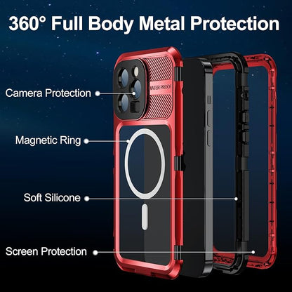 WIFORT for iPhone 14 Pro Waterproof Case - Metal Heavy Duty Full Body Protective Cover Built-in Screen Protector, IP68 Water Proof Military Grade Shockproof Rugged Drop Defender Phone case 6.1" Red