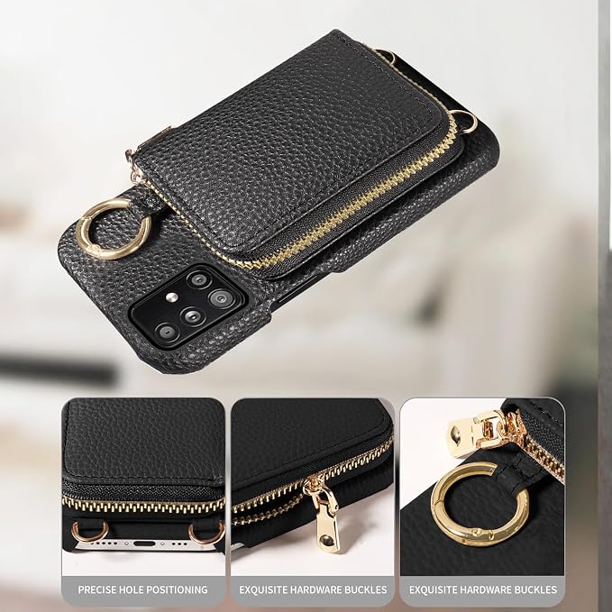Wallet Case for Samsung Galaxy A51 5G/A 51 5G UW Verizon & Shoulder Strap Ring Buckle PU Leather Zipper Flip Organ Purse Credit Card Holder Stand Full Body Cell Phone Cover for 51A G5 S51 Black