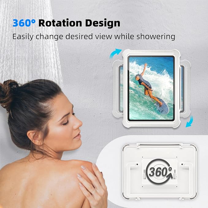 Shower Tablet Holder with HD&Touchable Screen, Anti-Fog Waterproof iPad Shower Mount, 2 Placement Modes, Compatible with iPad iPhone Tablet Under 11 in,White