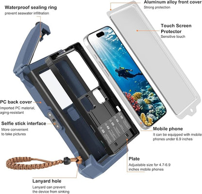 Underwater Phone Case for Snorkeling & Diving (50ft/15m), IP68 Waterproof Case for Swimming, Universal Underwater Touch Screen Case Compatible with iPhone (Blue+Black, 5th Generation Phone Case)