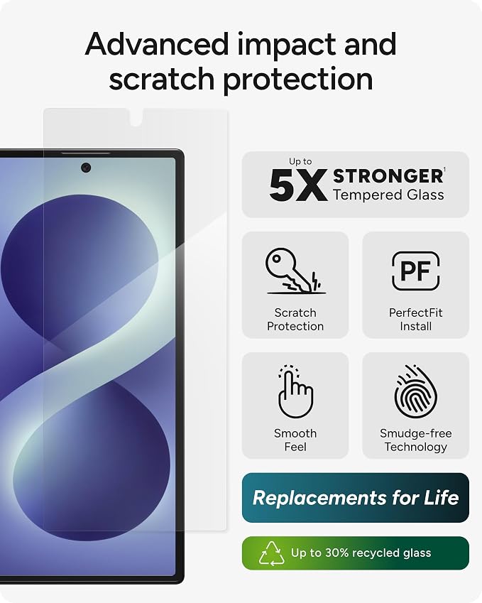 ZAGG Glass Elite Samsung Galaxy Z Fold8 Ultra Screen Protector | Front Screen, 5x Stronger Tempered Glass, Fingerprint Scanner Compatible, 30% Recycled Glass, InvisibleShield, Easy Install