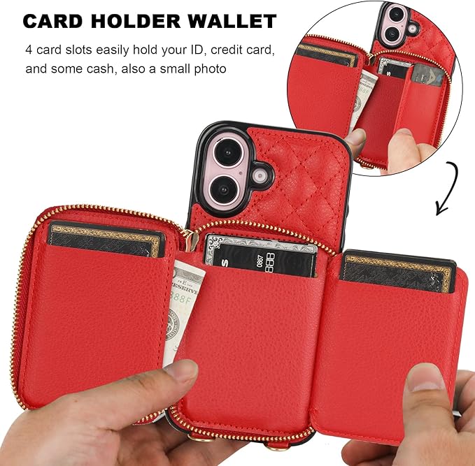Bocasal Crossbody Wallet Case for iPhone 16, RFID Blocking PU Leather Zipper Handbag Purse Flip Cover, Kickstand Folio Case with Card Slots Holder Wrist Strap Lanyard 5G 6.1 Inch (Red)