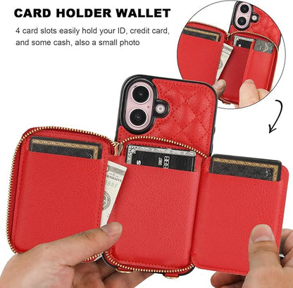 Bocasal Crossbody Wallet Case for iPhone 16, RFID Blocking PU Leather Zipper Handbag Purse Flip Cover, Kickstand Folio Case with Card Slots Holder Wrist Strap Lanyard 5G 6.1 Inch (Red)