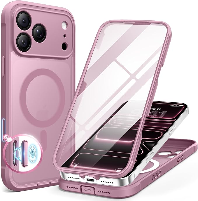 BERFY for iPhone 17 Pro Case, Compatible with MagSafe, Built-in Glass Screen Protector, Camera Protection, Shockproof Full Body Phone case 6.3", Translucent Palevioletred