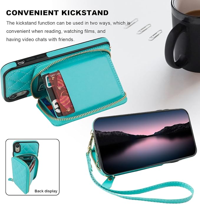 Bocasal Crossbody Wallet Case for iPhone Xr, RFID Blocking PU Leather Zipper Handbag Purse Flip Cover, Kickstand Folio Case with Card Slots Holder Wrist Strap Lanyard 6.1 Inch (Mint Green)