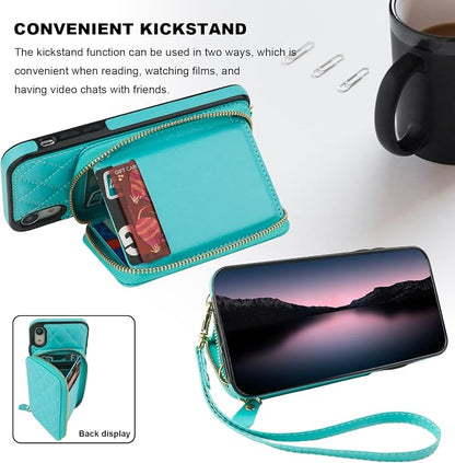 Bocasal Crossbody Wallet Case for iPhone Xr, RFID Blocking PU Leather Zipper Handbag Purse Flip Cover, Kickstand Folio Case with Card Slots Holder Wrist Strap Lanyard 6.1 Inch (Mint Green)