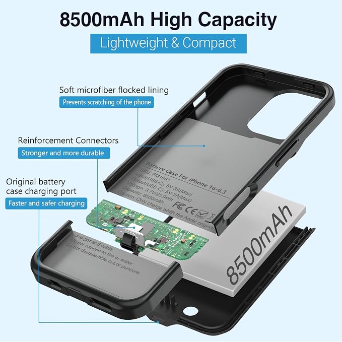 BOPPS Charging Case for iPhone 16 Pro 【Support Carplay】 Slim 8500mAh Portable Charger Case 360°Protection Rechargeable Extended Battery case for iPhone 16 Pro-6.3 Inch (Black)