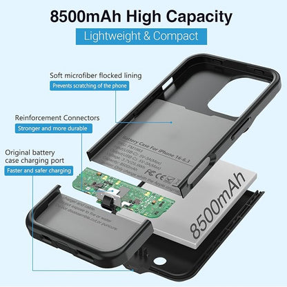 BOPPS Charging Case for iPhone 16 Pro 【Support Carplay】 Slim 8500mAh Portable Charger Case 360°Protection Rechargeable Extended Battery case for iPhone 16 Pro-6.3 Inch (Black)