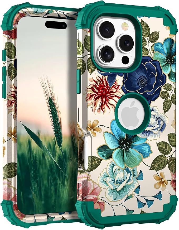 Hocase for iPhone 16 Pro Case 6.3", Heavy Duty Shockproof Protection Soft Silicone Rubber+Hard Plastic Bumpers Hybrid Protective Case for iPhone 16 Pro 2024 - Teal Flowers