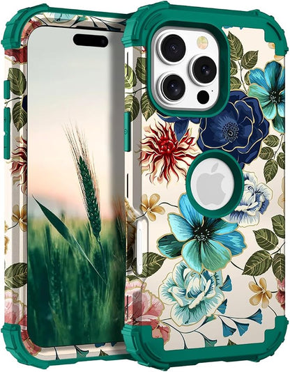 Hocase for iPhone 16 Pro Case 6.3", Heavy Duty Shockproof Protection Soft Silicone Rubber+Hard Plastic Bumpers Hybrid Protective Case for iPhone 16 Pro 2024 - Teal Flowers