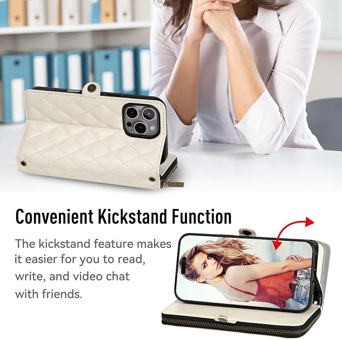 Rssviss Crossbody Case Wallet for iPhone 16 Pro, RFID Blocking Leather Case with Card Holder Kickstand, Handbag Zipper Flip Cover with Wrist Strap for iPhone 16 Pro Men Women 6.3", White