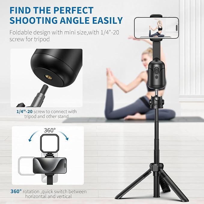 Auto Face Tracking Tripod, AI Phone Gimbal Stabilizer with Remote and Gesture Control, 360° Rotation, No App, 1200mAh Battery, 5-Hour Runtime, Cell Phone Photo and Video Kits Stand for Live Recording