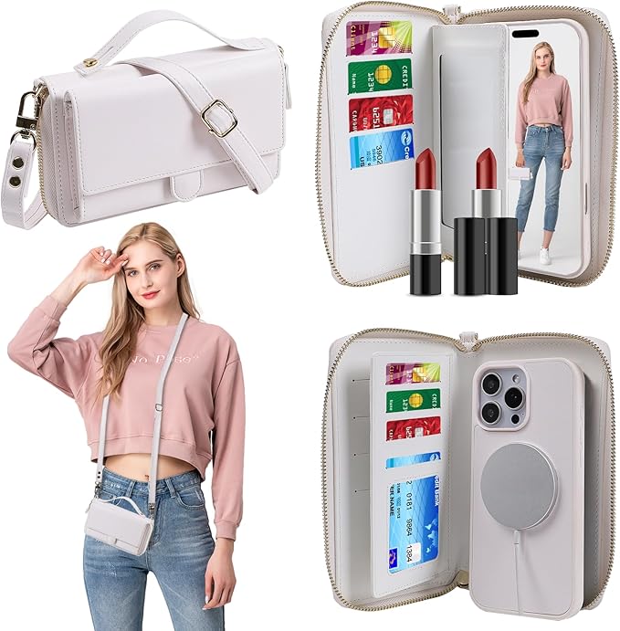 Lacass for iPhone 17 Detachable Crossbody Wallet Case, Compatible with MagSafe Magnetic 2 in 1 RFID Blocking PU Leather Wallet Cover Card Holder Zipper Make Up Mirror (White)
