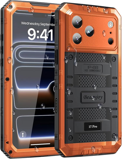 Beasyjoy for iPhone 17 Pro Waterproof Case, Metal Heavy Duty Military Drop Protection, Full Body Shockproof Dustproof Rugged Aluminum Cover with Built-in Screen Protector for Outdoor 6.3", Orange