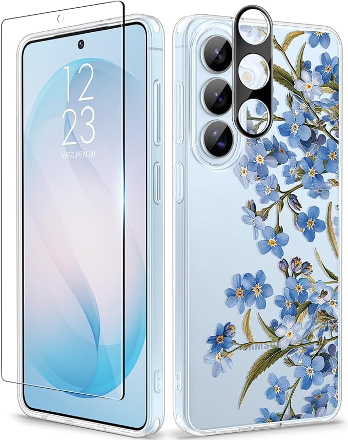 GVIEWIN for Samsung Galaxy S26 Case, Clear Floral Slim Shockproof Protective Women Phone Case, Non-Yellowing, with Screen Protector & Camera Lens Protector for Galaxy S26 6.3", Aconite/Blue