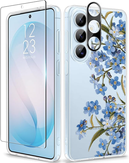 GVIEWIN for Samsung Galaxy S26 Case, Clear Floral Slim Shockproof Protective Women Phone Case, Non-Yellowing, with Screen Protector & Camera Lens Protector for Galaxy S26 6.3", Aconite/Blue