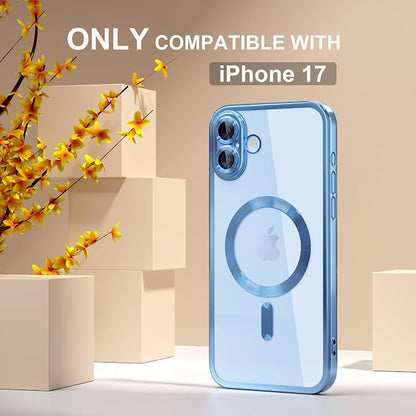 Misea Magnetic for iPhone 17 Case Compatible with MagSafe [Never Yellowing] [Military Grade Drop Protection] Full Camera Lens Protector Plating Soft Clear Phone Case for Women, Mist Blue
