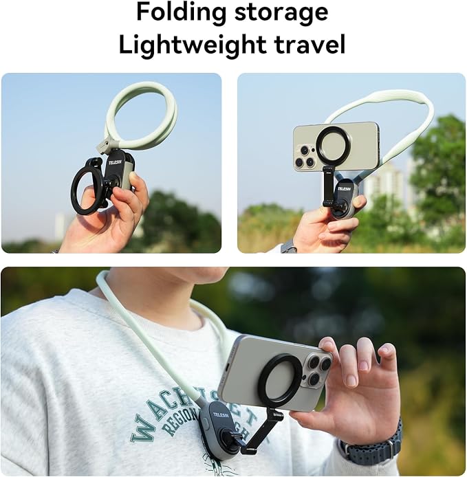 TELESIN Magnetic Neck Mount for Phones, Cell Phone Holder Stand Hanging on Neck POV/Vlog Selfie Hand Free Necklace Phone Strap Video Recording for iPhone 16 15 14 13 12 Seires Android Phones (Green)
