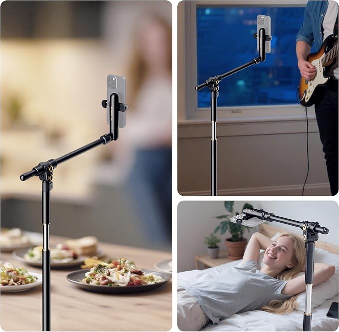 NEEWER BASICS Phone Floor Stand with Horizontal Extension Arm, Adjustable Bed Phone Holder Clamp Mount Compatible with iPhone 16 15 Pro Max Plus Samsung for Video Recording, Weighted Metal Base, ST009
