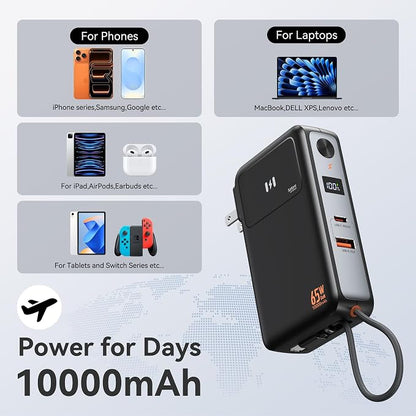 Selore&S-Global 3-in-1 Portable Phone Charger with Wall Plug, 10000mAh USB-C Power Bank with Built in Cable, 35W Portable Battery Pack for iPhone Samsung Android & 65W Wall Charger for Laptop MacBook