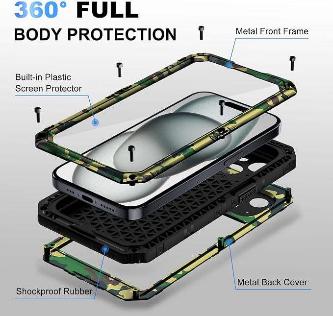 Beasyjoy for iPhone 15 Plus Case Waterproof, Metal Heavy Duty Full Body Protective Case with Built-in Screen Protector, Military Grade Shockproof Dustproof Defender Case for iPhone 15 Plus 6.7", Camo