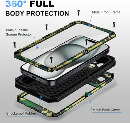 Beasyjoy for iPhone 15 Plus Case Waterproof, Metal Heavy Duty Full Body Protective Case with Built-in Screen Protector, Military Grade Shockproof Dustproof Defender Case for iPhone 15 Plus 6.7", Camo