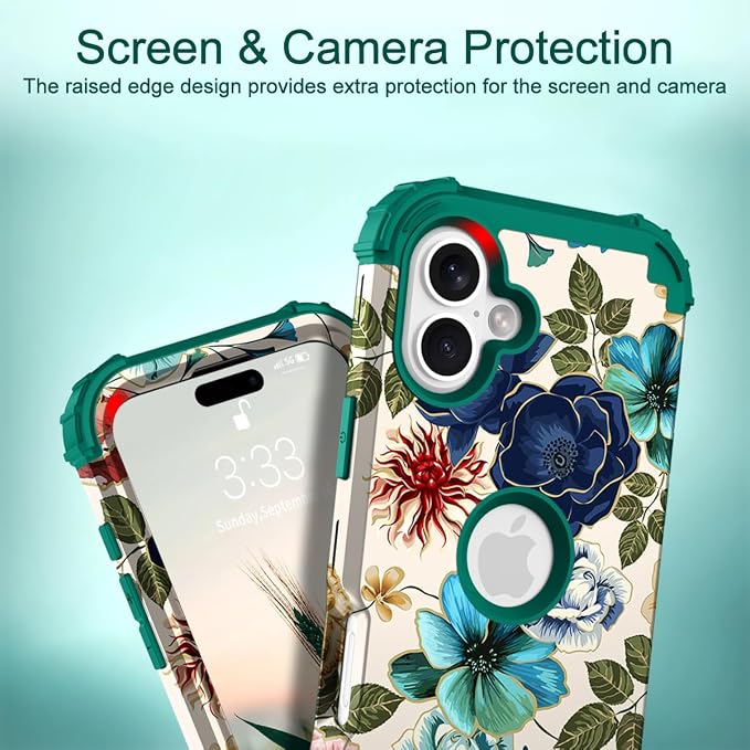 Hocase for iPhone 17 Case 6.3", Heavy Duty Shockproof Protection Soft Silicone Rubber+Hard Plastic Bumpers Hybrid Protective Case for iPhone 17 2025 - Teal Flowers